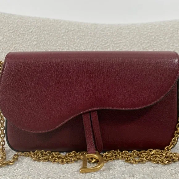 Authentic Pre-Owned Dior Medium Saddle Pouch with Chain Burgundy Goatskin - Picture 2 of 16